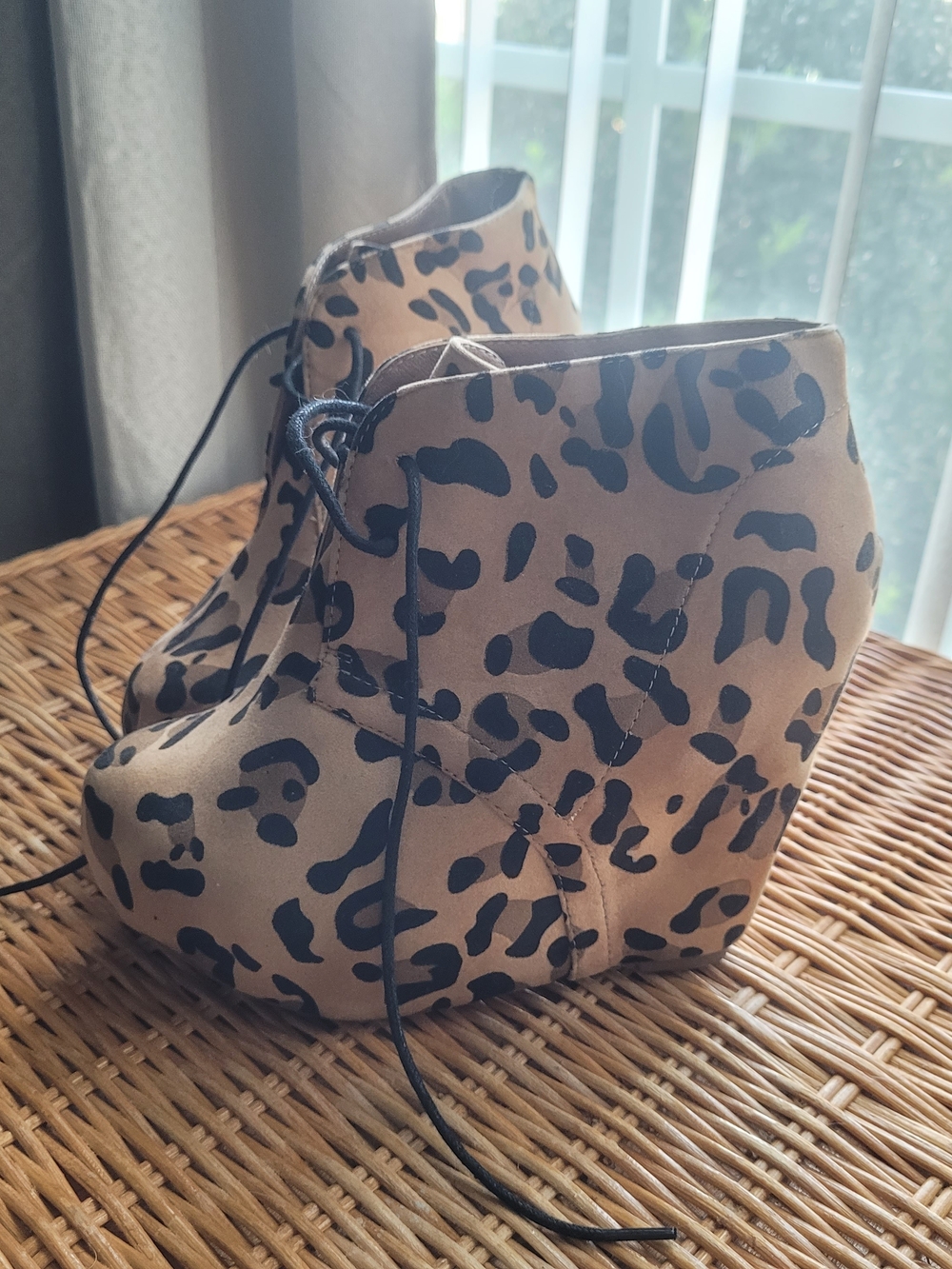 Herstyle Taupe and Black Leopard Wedge Ankle Booties